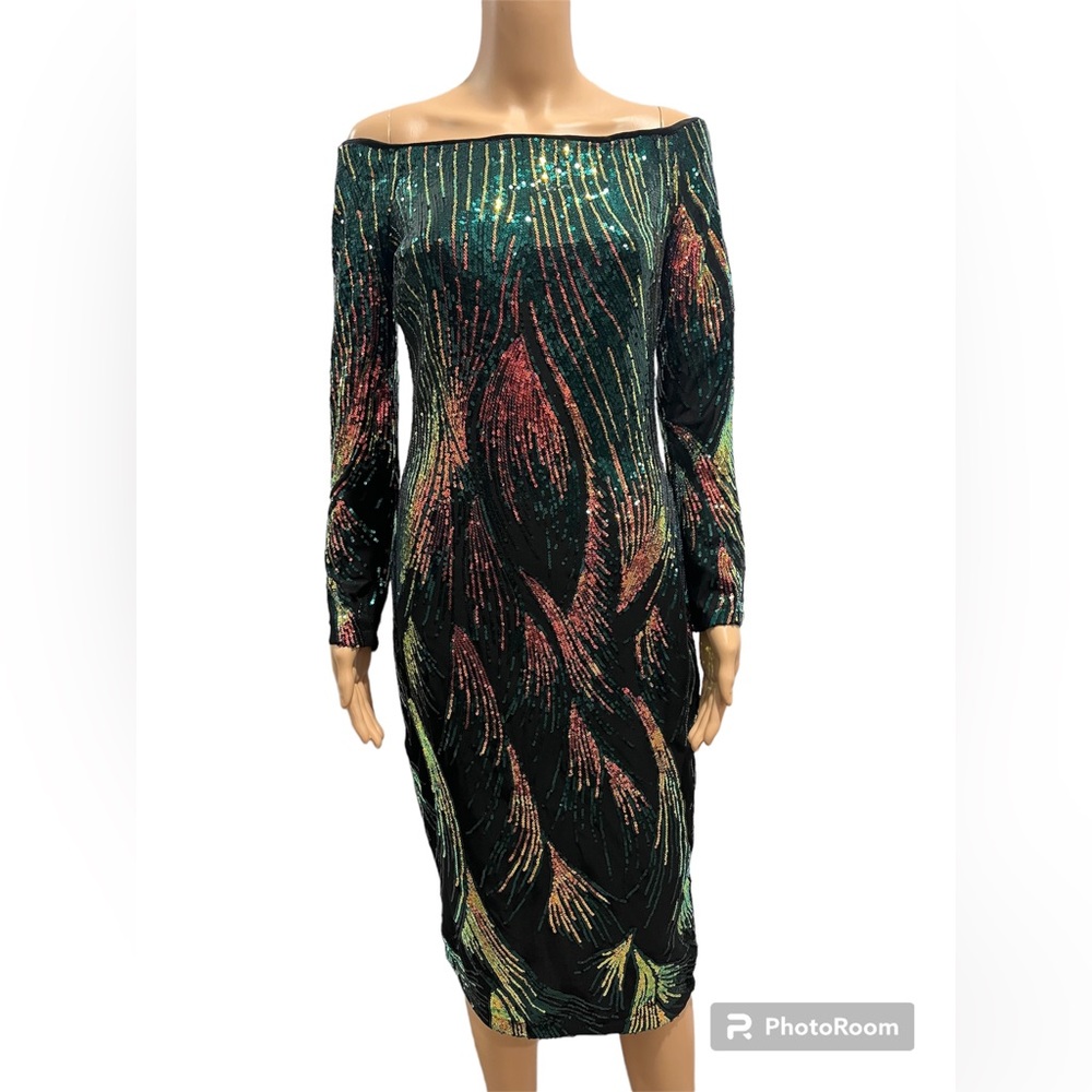 Off-Shoulder Sequin Midi Dress in Emerald and Multicolor
